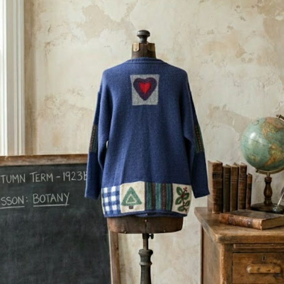 Signatures by Northern Isles Wool Handknit Patchwork Wool Cardigan Sweater, sz M - Picture 2 of 14